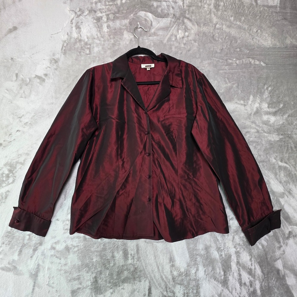 Ann Taylor Burgundy Iridescent Taffeta Button Down Blouse Top Size 14 Vintage